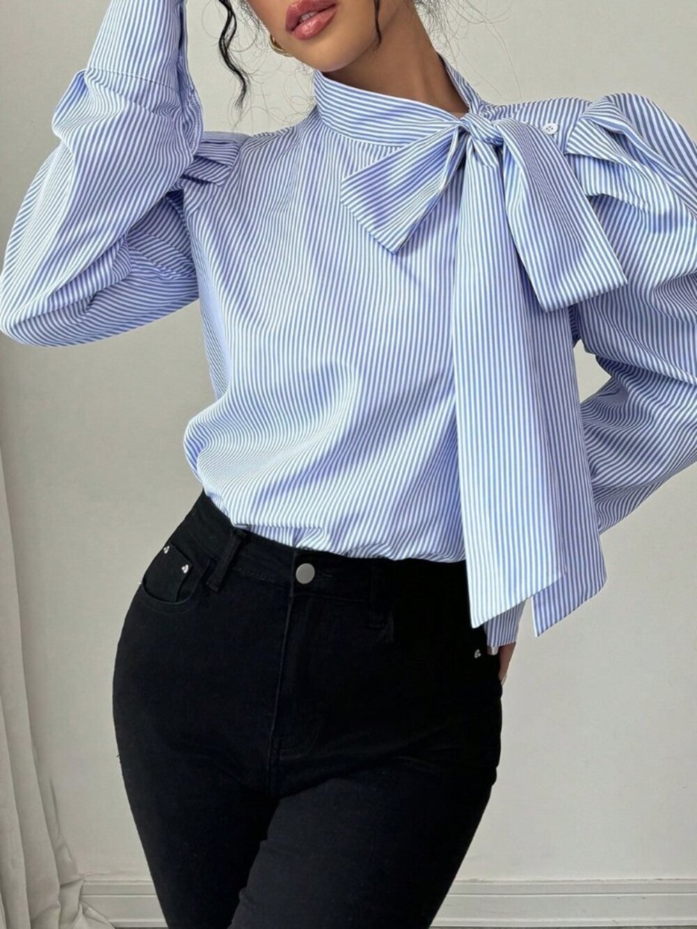 Blue Elegant Women's Bowknot Gigot Sleeve Striped Casual Long Sleeve Shirt - Picture 5 of 6